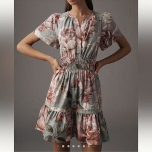 Anthropologie x Lovery Grey Colab Somerset Floral Short Sleeve Dress
